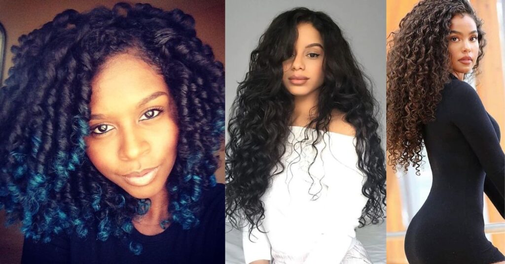 A collage of 3 different curly hairstyles woman's