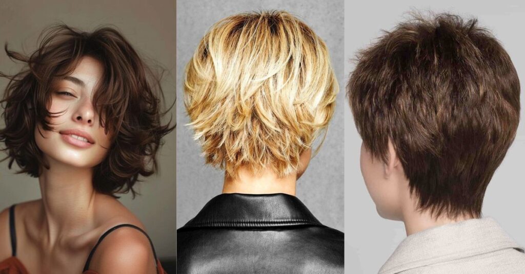 A collage of 3 different short hair styles on womens