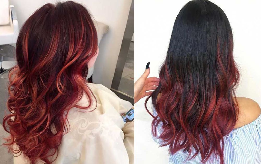 Back view of wavy black hair with seamless red balayage