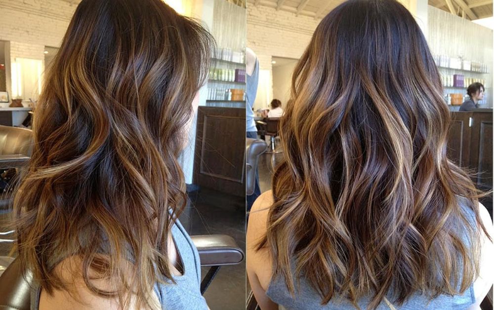 _Before and after black hair with caramel highlights transformation