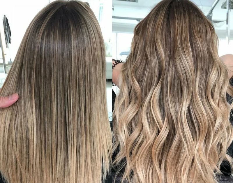Before and after photo of brown hair corrected with low lights after too many highlights