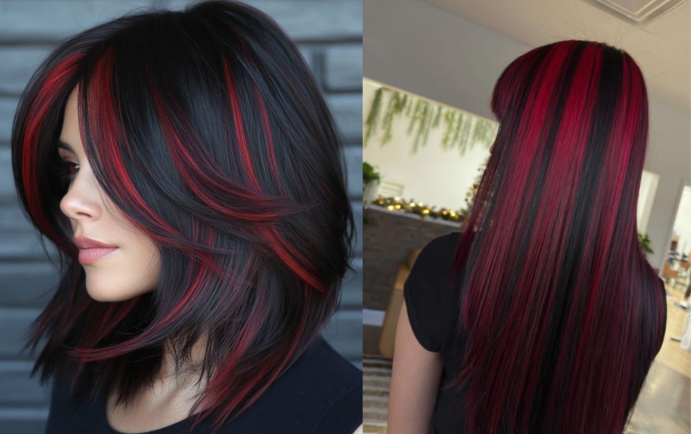 Black hair with bold red chunky highlights, edgy street fashion look