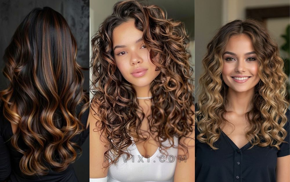 Black hair with golden caramel and cinnamon tones, glowing light, soft curls.