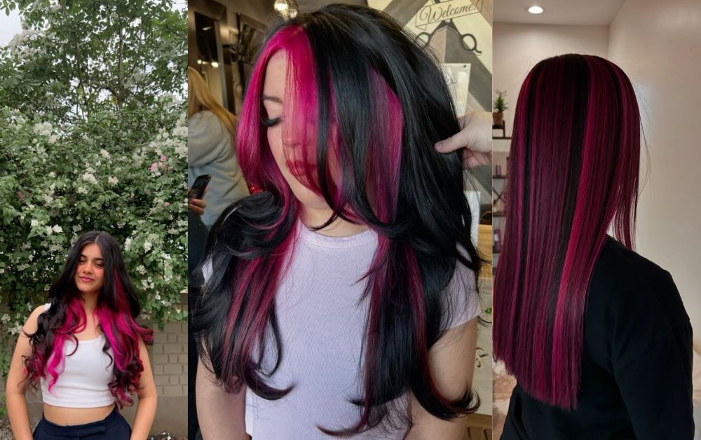 Black hair with neon pink and green streaks, playful vibe, festival look.