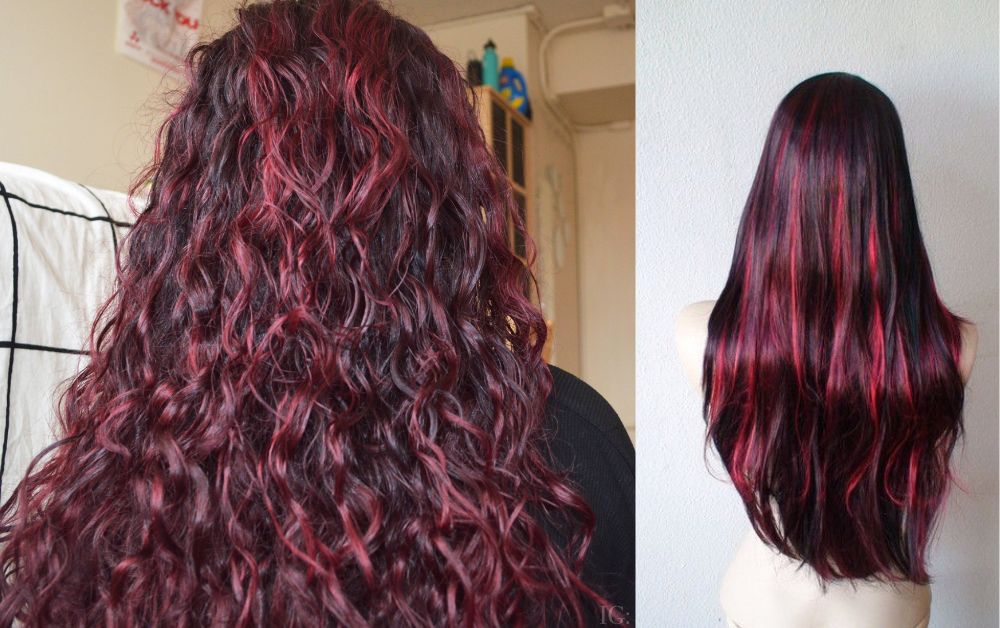 Black hair with red highlights Loose Waves or Curls
