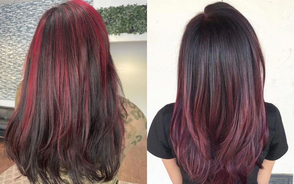 Black hair with red highlights Sleek and Straight