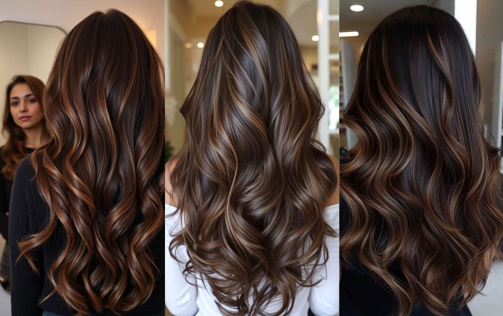 Black hair with soft caramel and espresso highlights, natural light, soft waves.