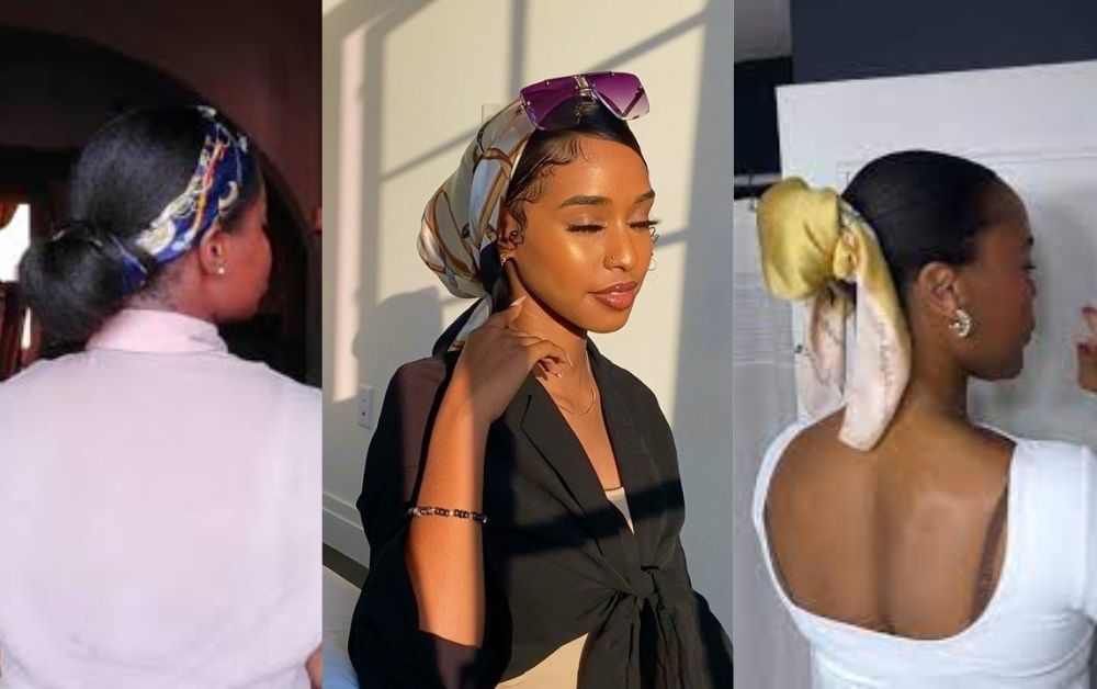 Black woman protecting low bun hairstyle with silk scarf