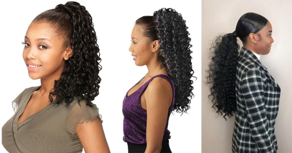 Black woman showcasing different curly ponytail styles with accessories, fun and stylish vibes