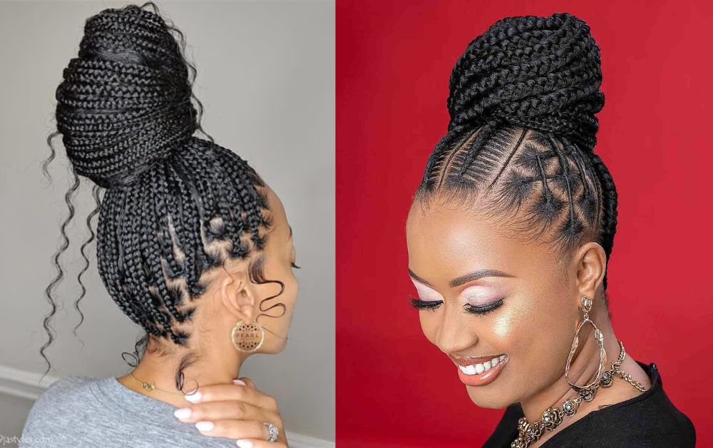 Black woman with braided low bun hairstyle, protective style, natural hair care