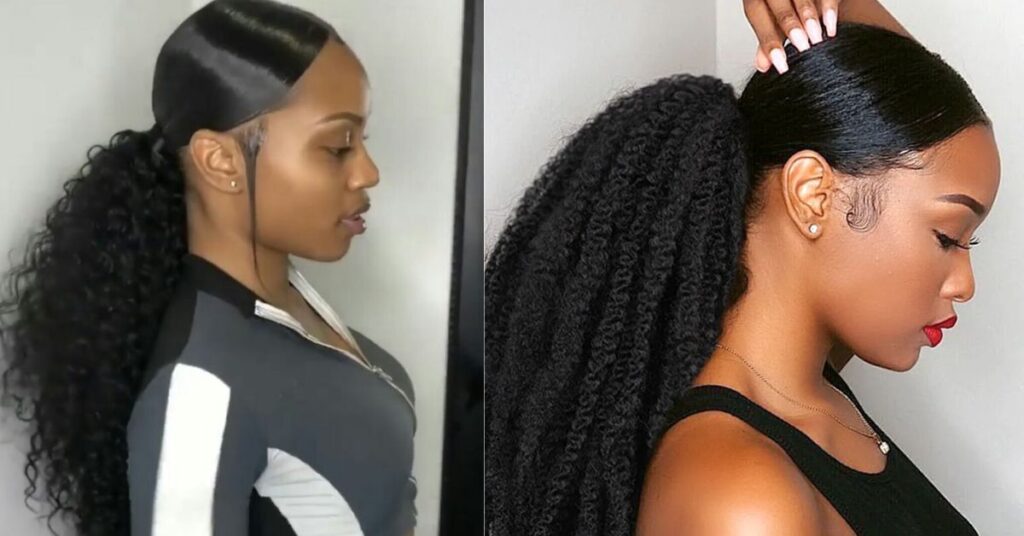 Black woman with curly ponytail and sleek base, natural curls