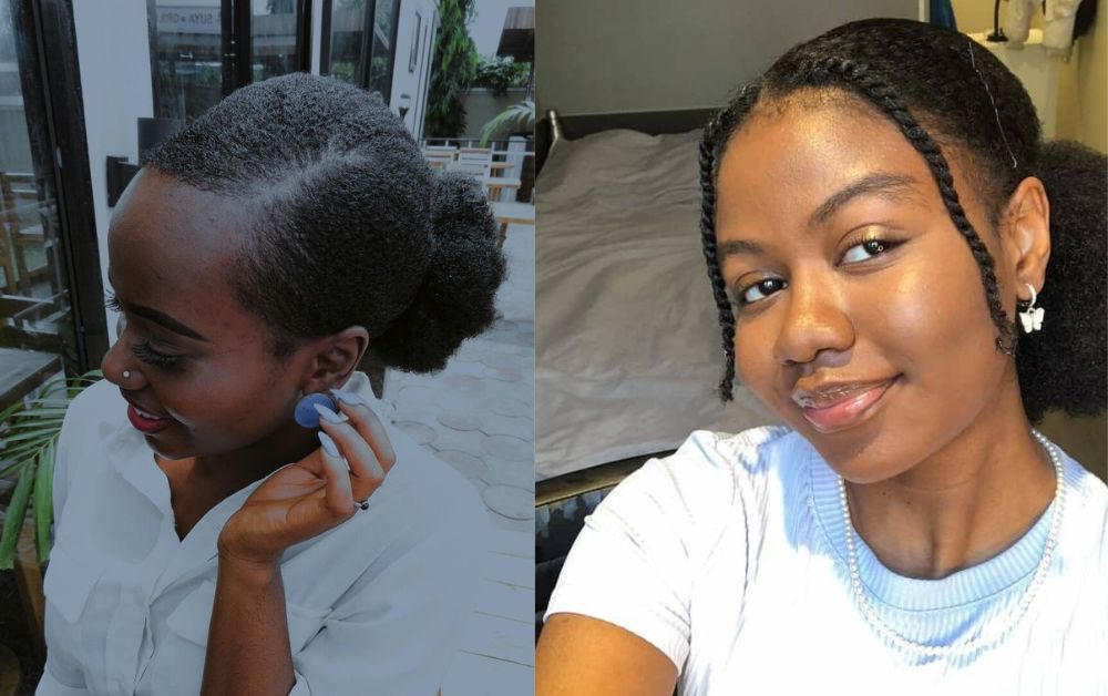 Black woman with natural 4C hair in a simple low bun, smiling, daylight