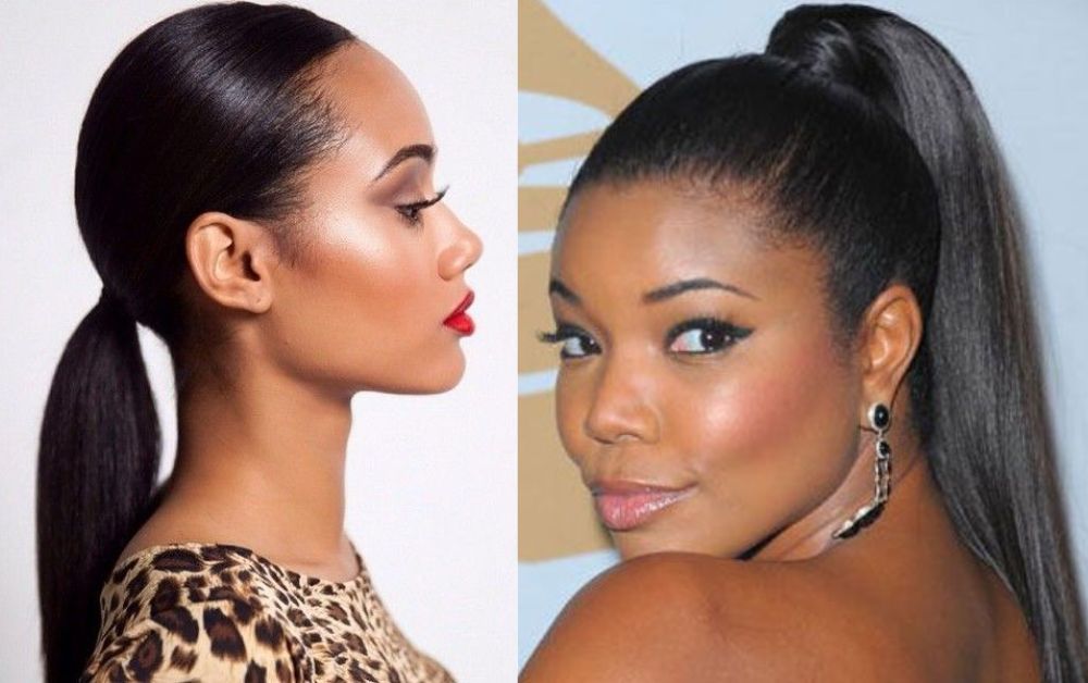 Black woman with sleek high ponytail, edge control, minimalist background