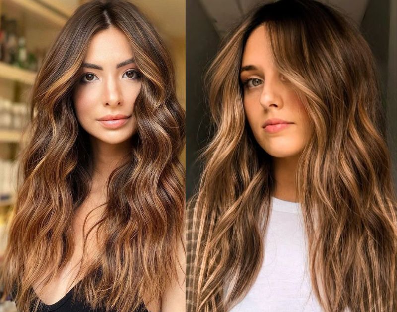 Caramel highlights on black hair across different skin tones, warm and cool caramel hair shades