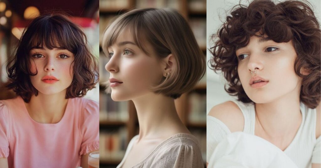 Collage of 3 different French bob variations — wavy, curly, and sleek.