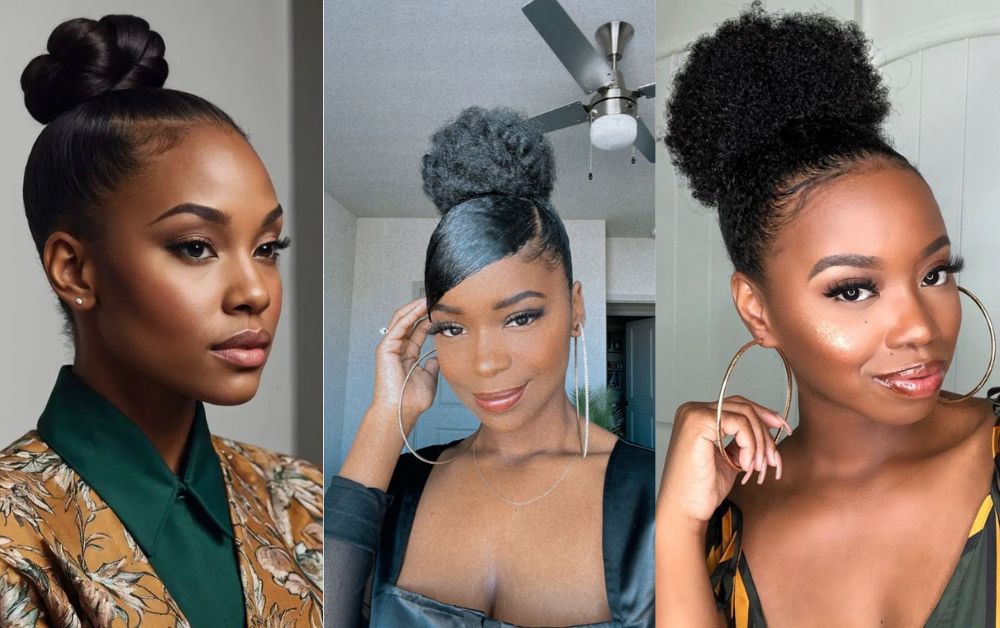 Collage of Black women with different low bun hairstyles