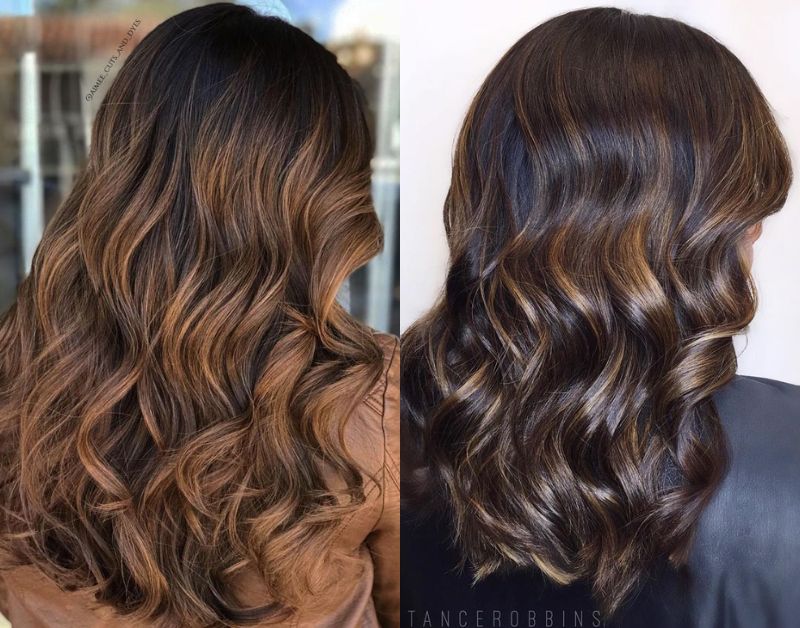 Collage of different caramel highlight styles on black hair including balayage, ombre, chunky streaks, curly hair