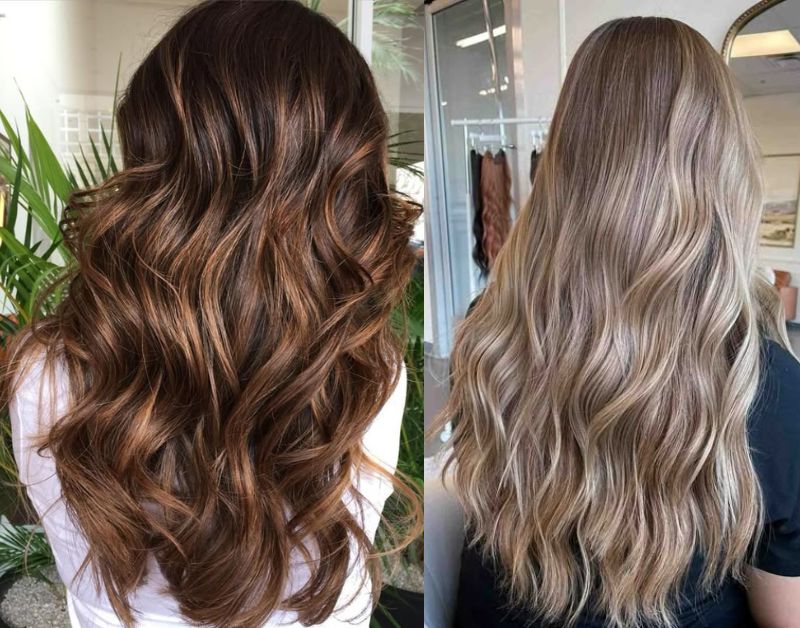 Collage of low light hairstyles on brown hair