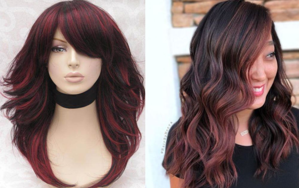 Face-framing red highlights on black layered hair, beauty portrait