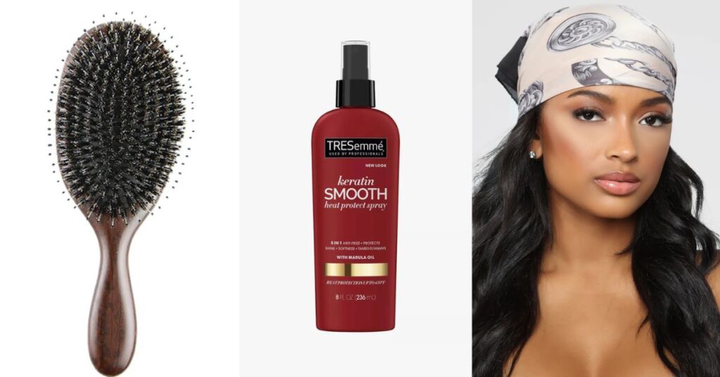 Flat lay of Black hair care tools boar bristle brush, edge control, gel, silk scarf, heat protectant