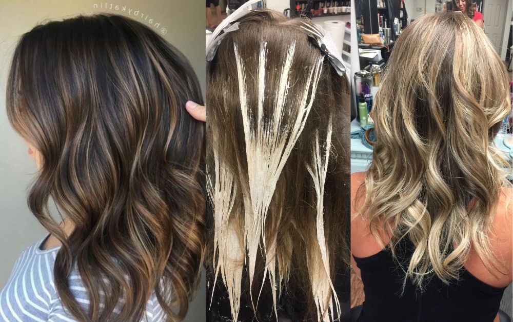 Hair stylist applying caramel highlights on black hair using balayage or foil technique