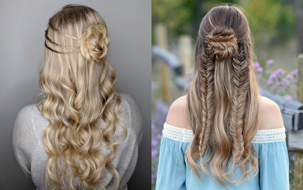 Half up half down bun hairstyle for medium hair