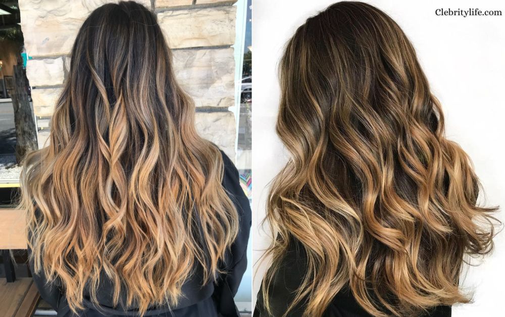 Honey Brown Balayage on Long Black Hair Two styles