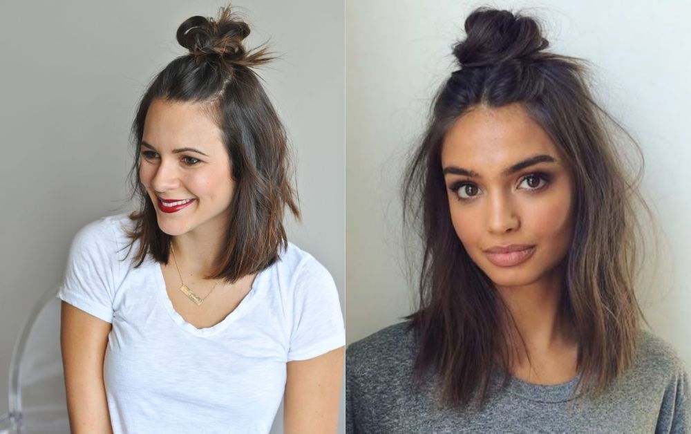 Messy top knot hairstyle for shoulder length hair