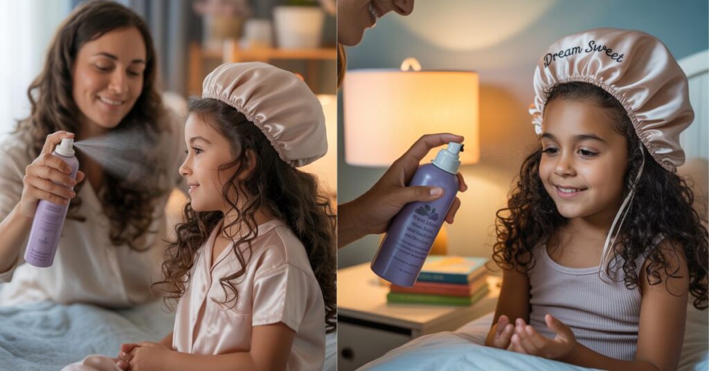Mom gently moisturizing daughter’s curly hair using spray bottle, bedtime hair care routine with satin bonnet