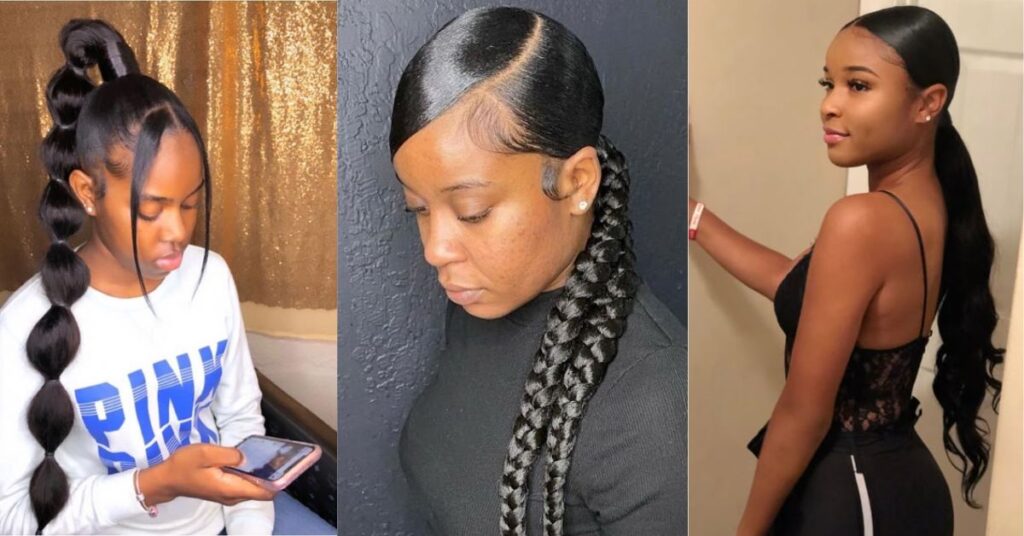 Multiple Black women with various sleek ponytail styles high, low, side part, bubble ponytail
