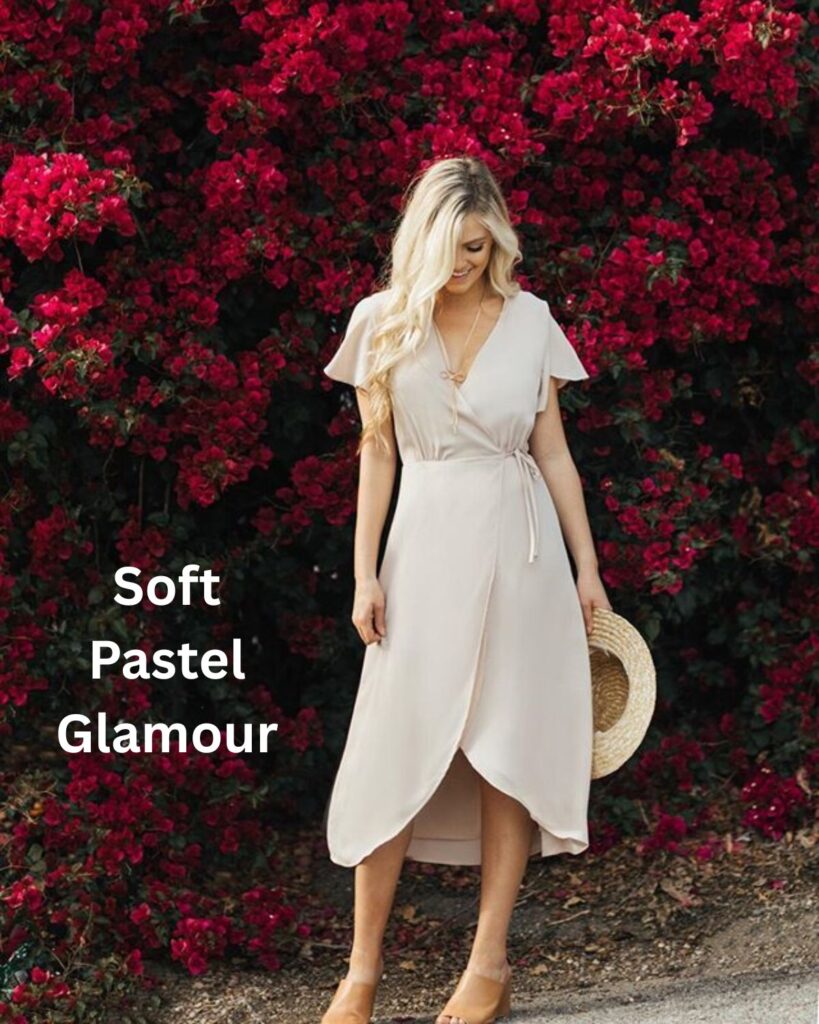Pastel flowy dress girl in garden golden hour soft light aesthetic