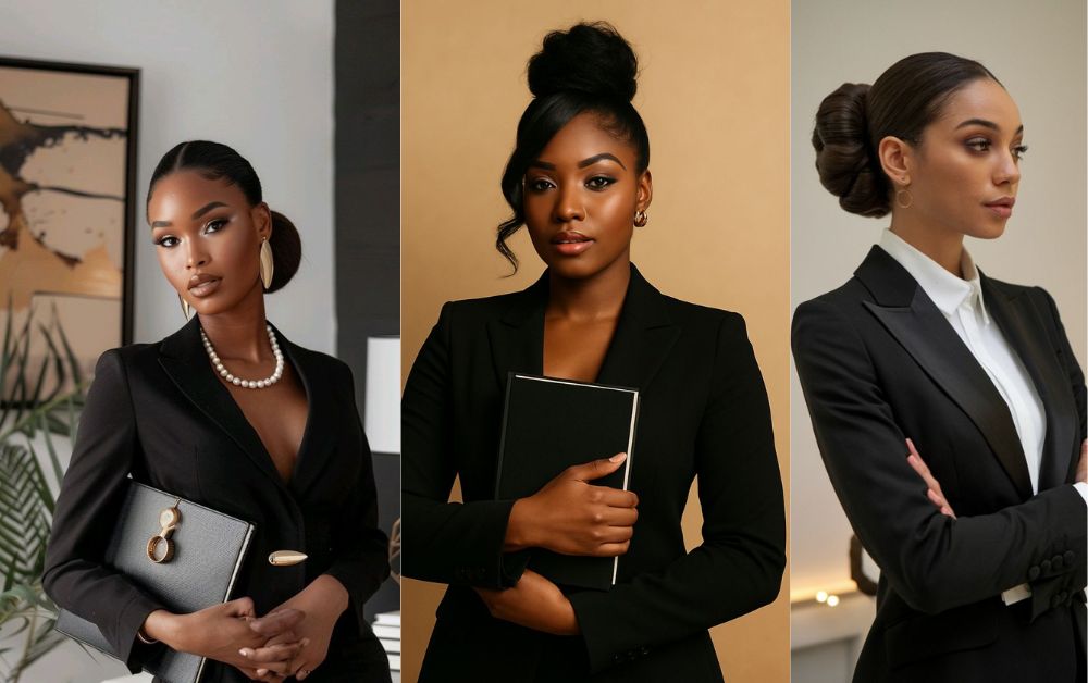 _Professional Black woman with sleek low bun and styled edges, formal attire, studio background