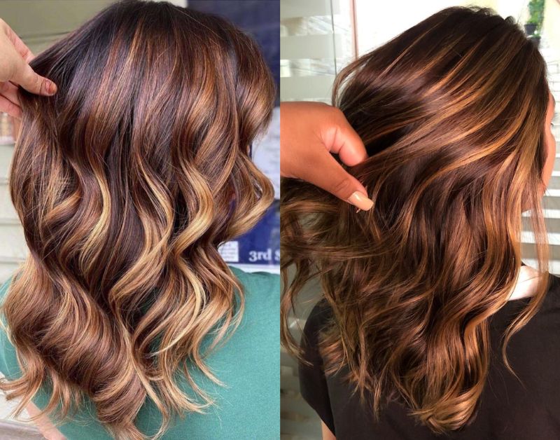 Side by side comparison of highlights and low lights on brown hair