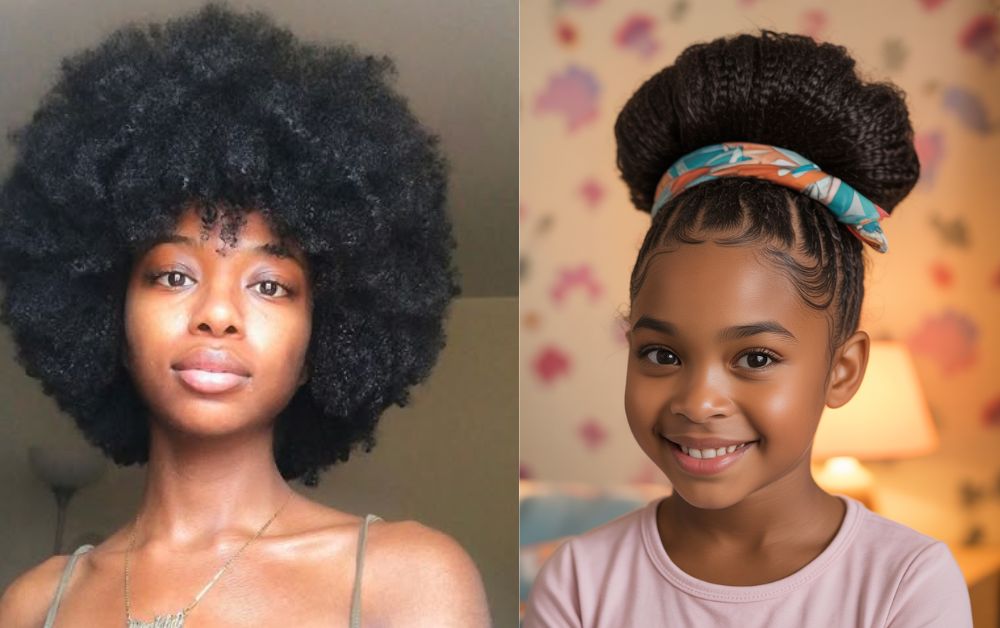 Smiling Black girl with two natural afro puff hairstyles