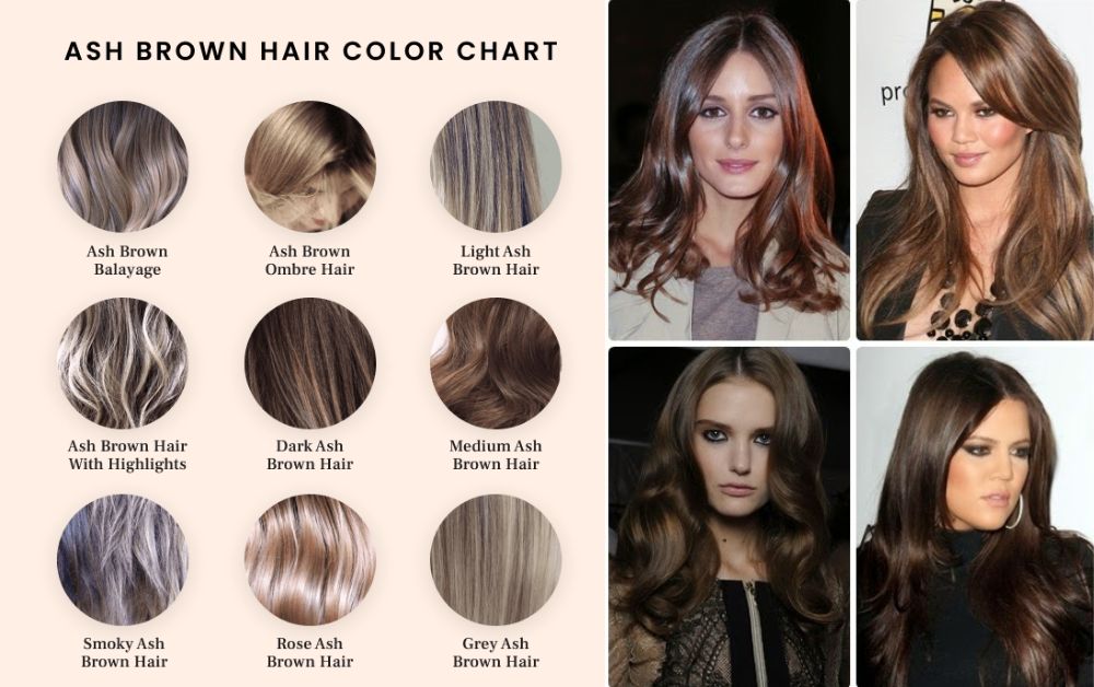 Swatches of different brown hair shades (caramel, mocha, ash brown) next to black hair samples