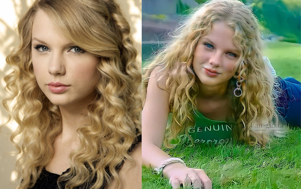 Taylor Swift in her early teen years with natural blonde curls, country-style outfit (e.g., cowboy boots).