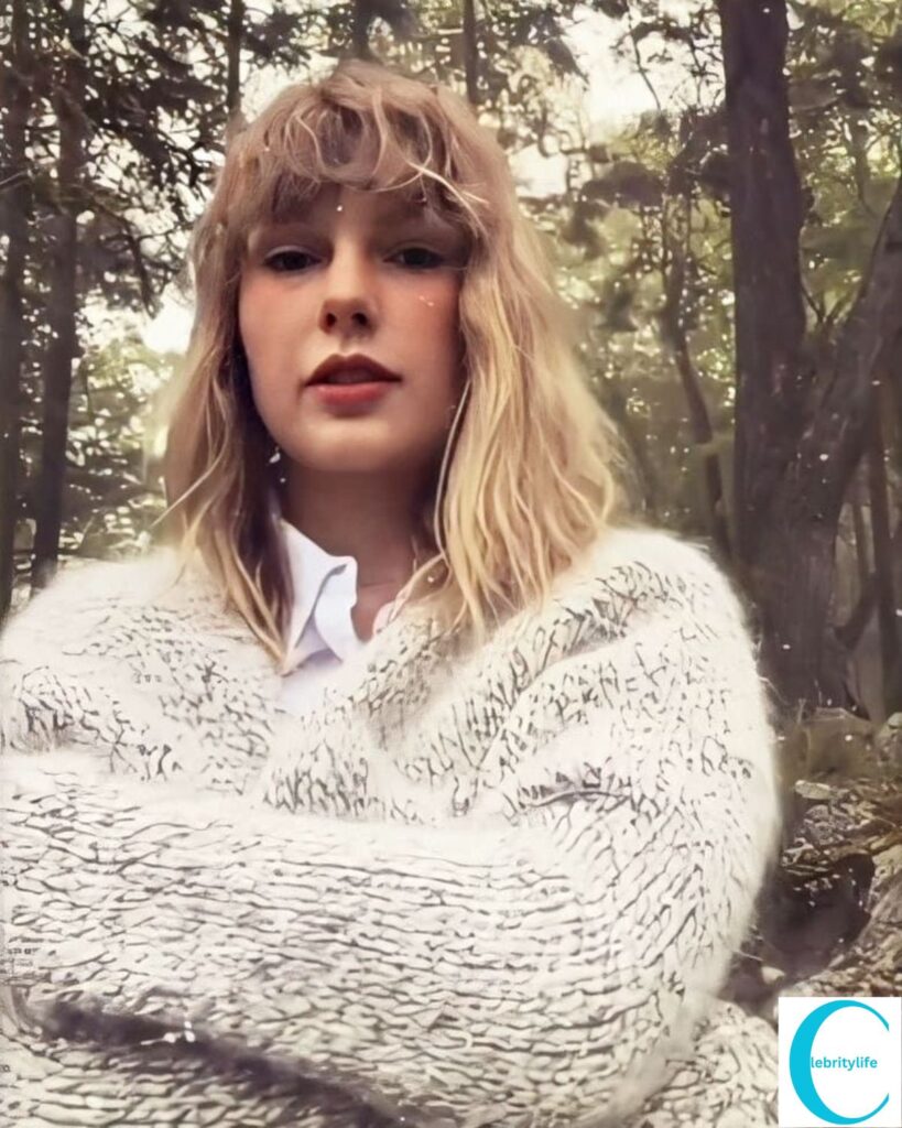 Taylor in whimsical braids, pastel dress, nature background—Folklore style.