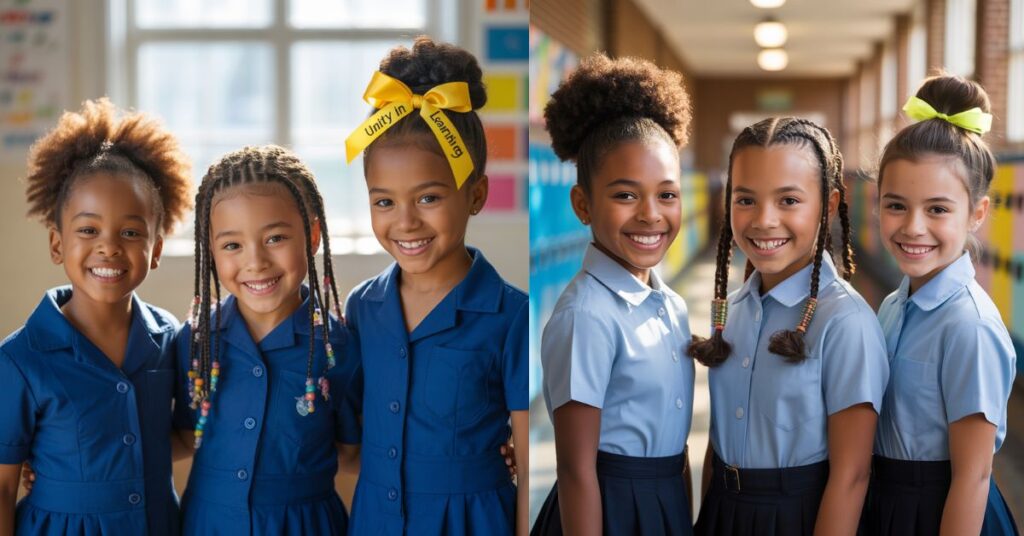Prompt: Three little girls with quick natural hairstyles: afro puff, cornrow braids, and high bun, standing together in school uniforms
