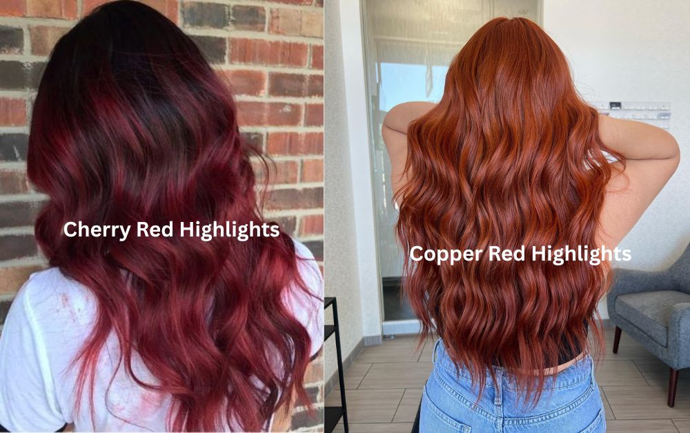 Two women side by side showcasing black hair with different red highlights