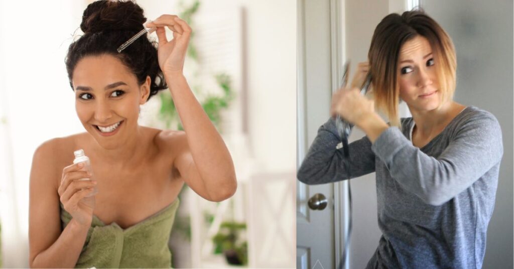 Woman styling bob with flat iron and applying serum