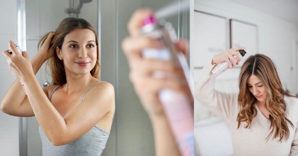 Women's trimming bangs at home or using dry shampoo in front of a mirror.