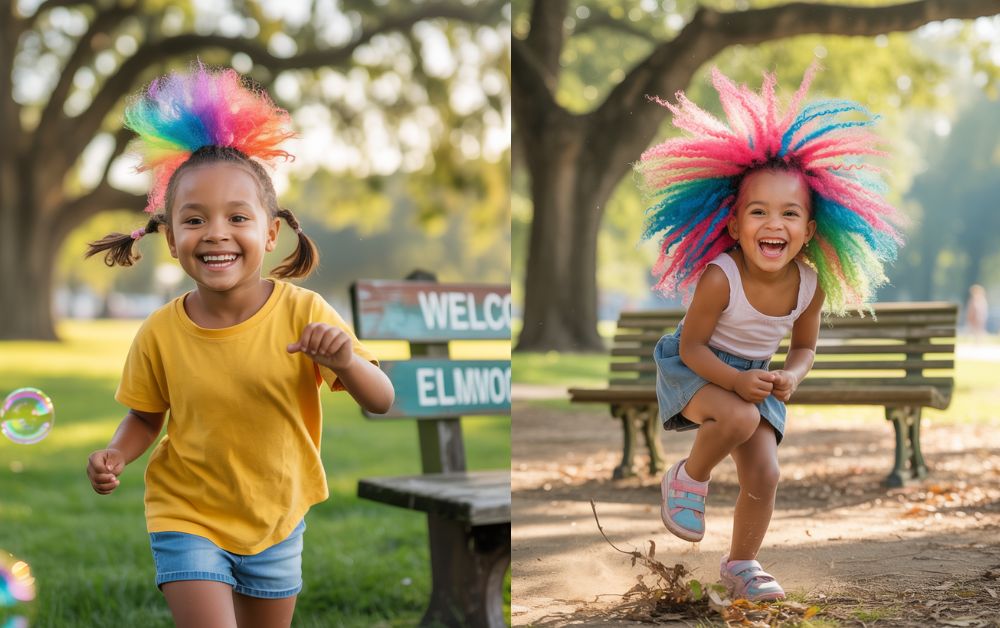 _Young girl with twisted mohawk hairstyle playing in the park on a sunny weekend, joyful expression