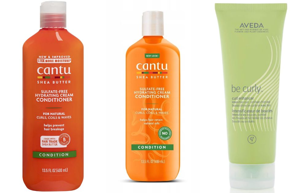 “flat lay of curly hair products for black hair – sulfate-free, curl cream, conditioner, leave-in