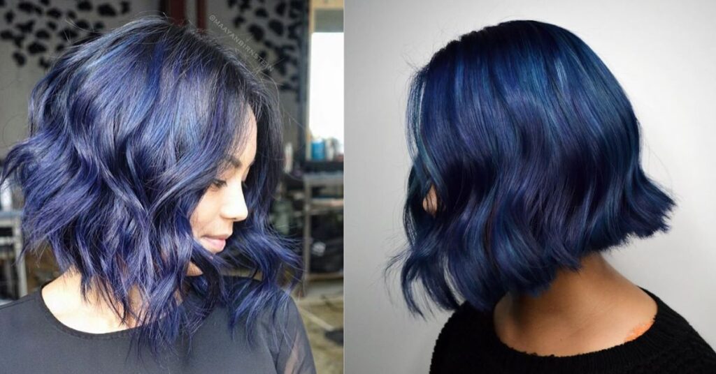 medium-length black hair and classic cobalt blue highlights