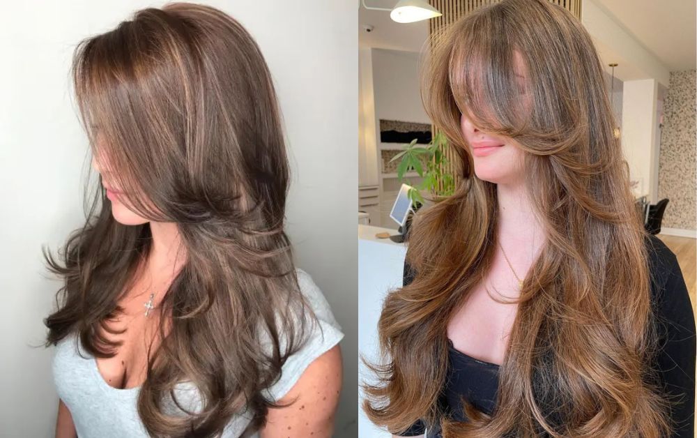A woman with voluminous butterfly layers from the side and front view
