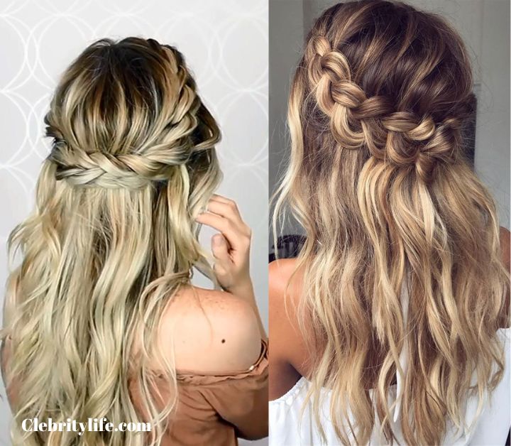 Beautiful Twisted crown with long loose waves elegance