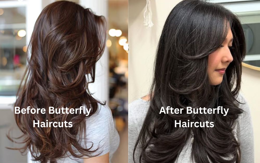 Before and after transformation of butterfly haircut