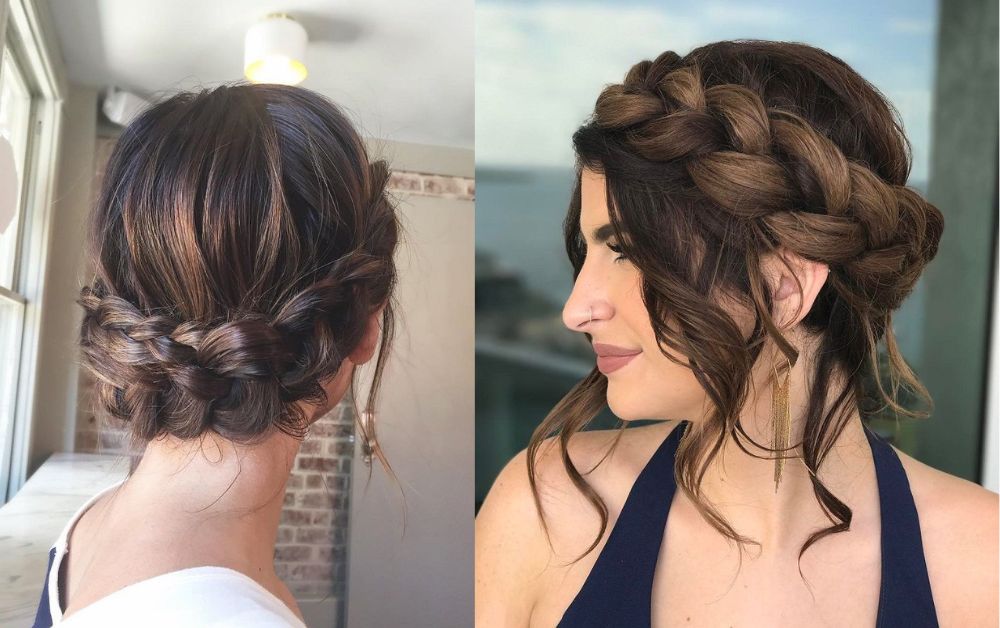 Braided crown updo on medium hair with romantic style