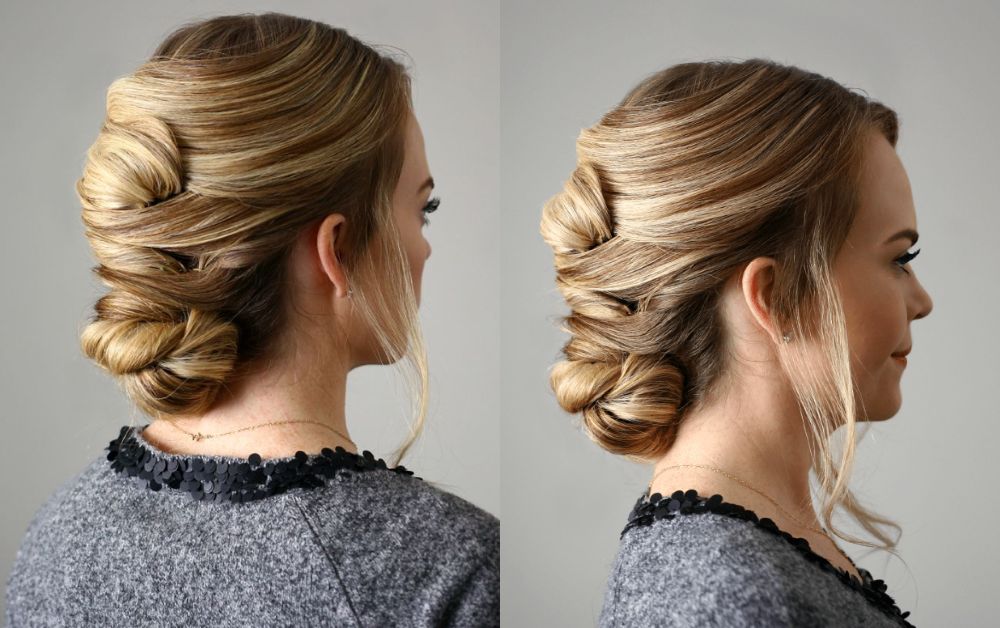 Close-up of hairpins securing a bun in crisscross style.