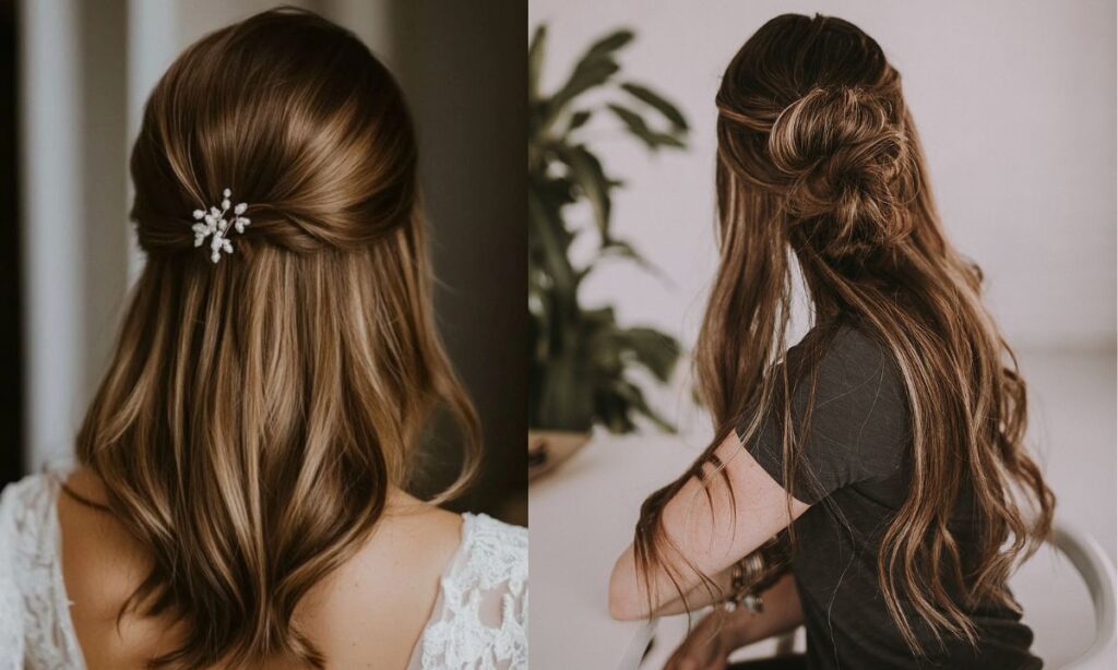 Cute half-up hairstyle with accessories like pearl clips for work